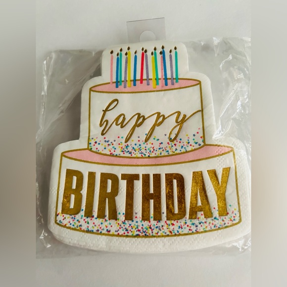 New 20 Happy Birthday Cake Shaped Napkins Gold Foil Letters Slant Collection - Picture 1 of 11